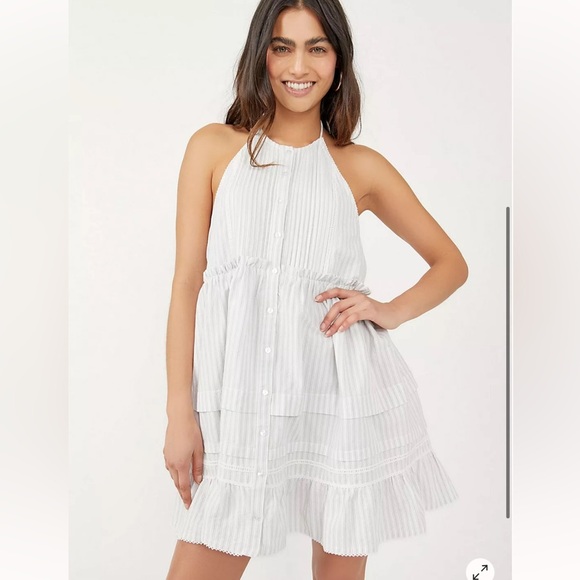 Free People desert Blue Striped Ruffle Mini Dress Cotton Summer beach M - Picture 1 of 6